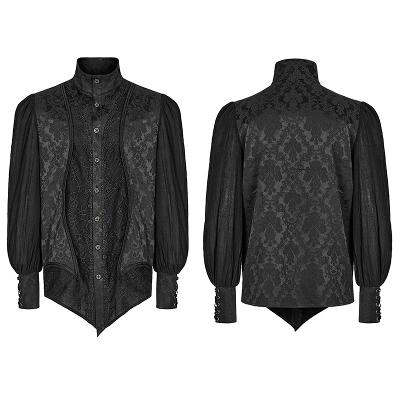 Goth Spider Mesh Printing Lantern Sleeve Stand Collar Shirt