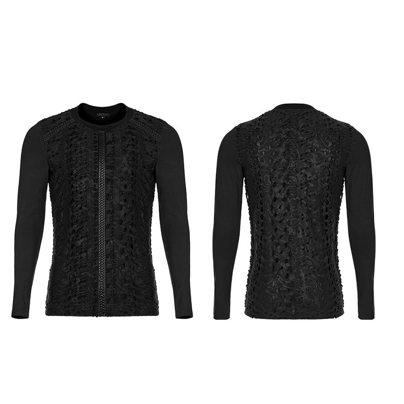 Men Autumn Winter Goth Dark Black Knitted Printed Long Sleeve T-Shirt