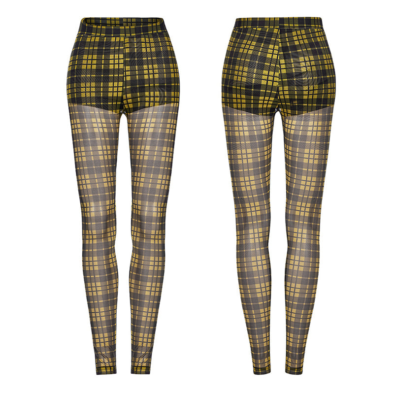 Punk Sexy Elastic Mesh Perspective Yellow Plaid Simple Tight Leggings