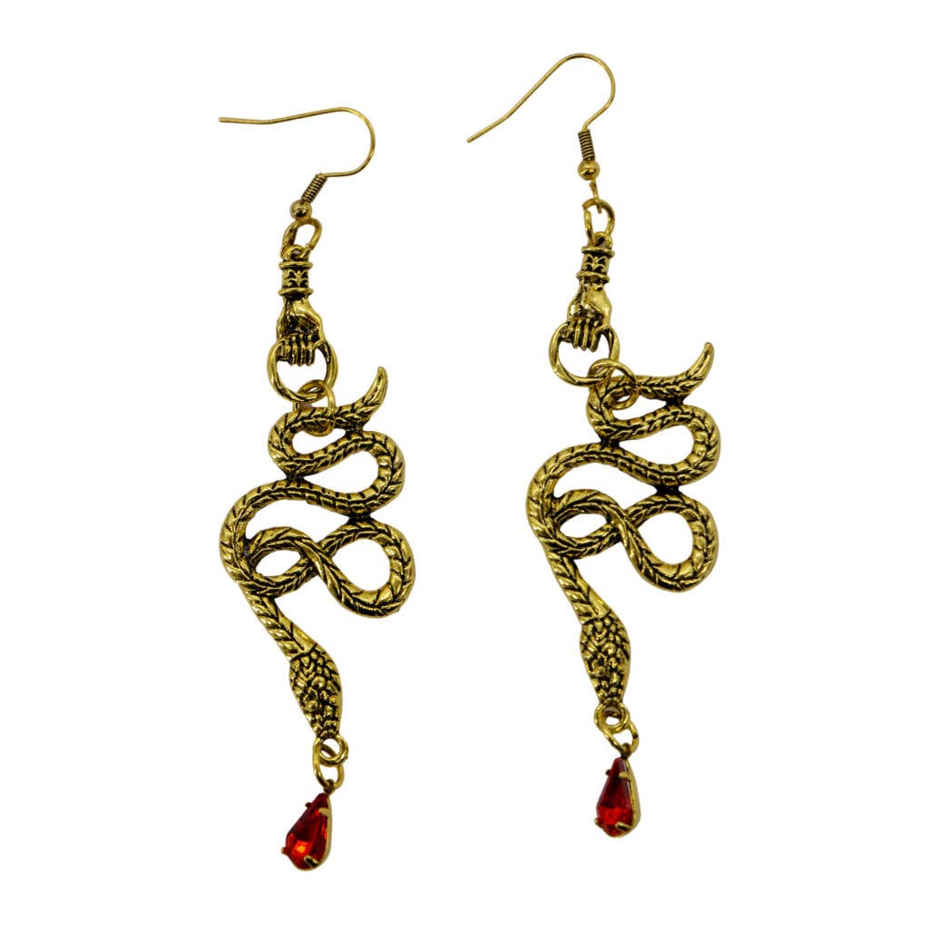 Hand Holding Snake with Red Gem Earrings-Black....