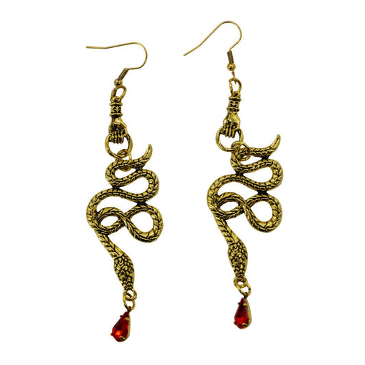 Hand Holding Snake with Red Gem Earrings-Black....