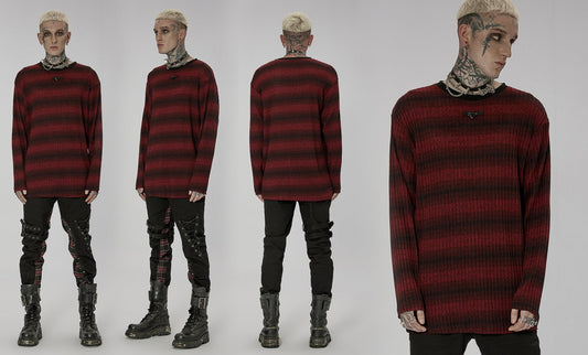 Men Punk Multi Color Daily Simple And Loose Stripe Black-Red Knitted Sweater