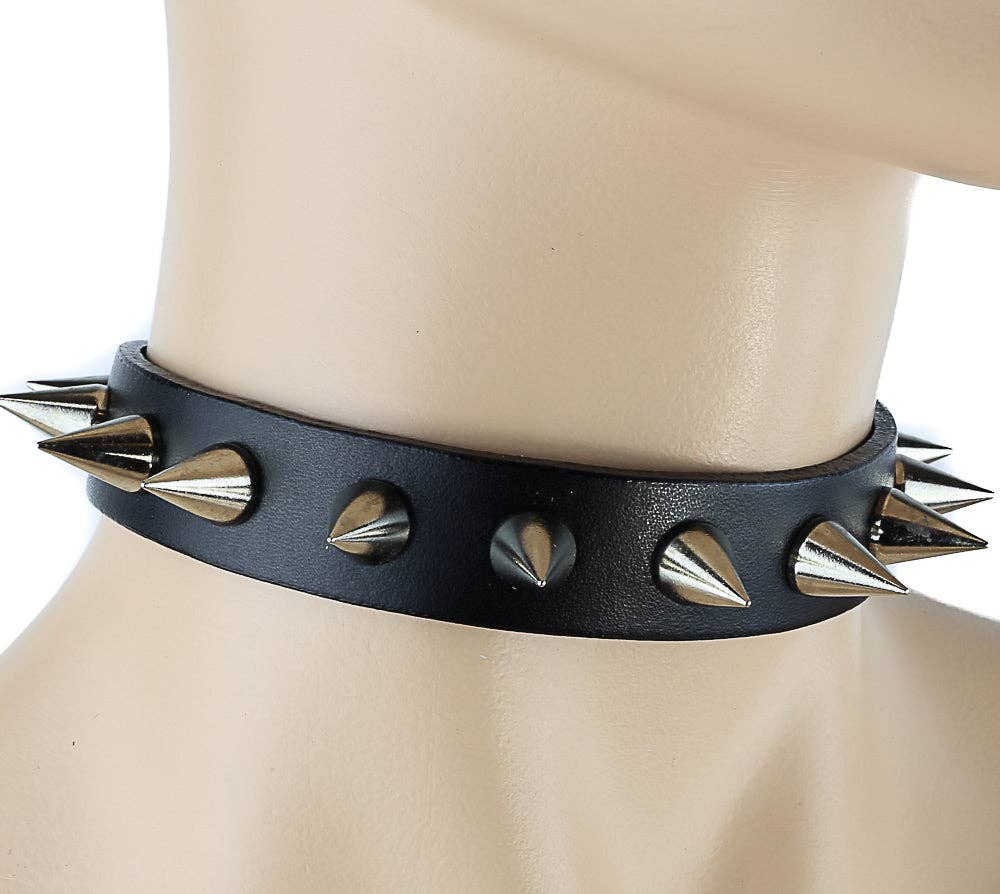Black Leather Small Cone Spikes Choker