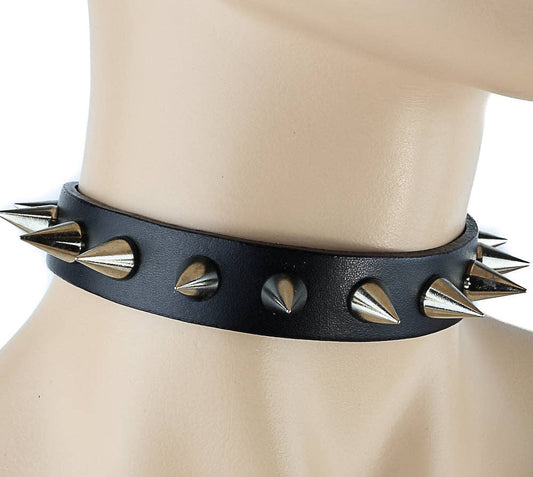 Black Leather Small Cone Spikes Choker