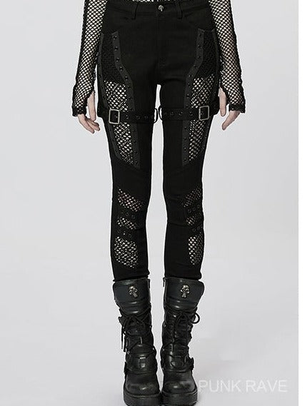 Punk Rock Street Style Sexy Mesh Hollow Out Tight Denim Pants