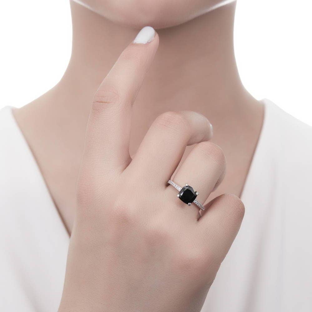 Sterling Silver Solitaire 3ct Black Cushion CZ Ring