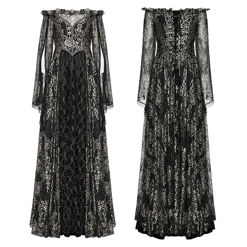 Mystique Mesh Majesty: Adjustable Drawstring Gothic Dress with Exquisite Black Gold Pattern