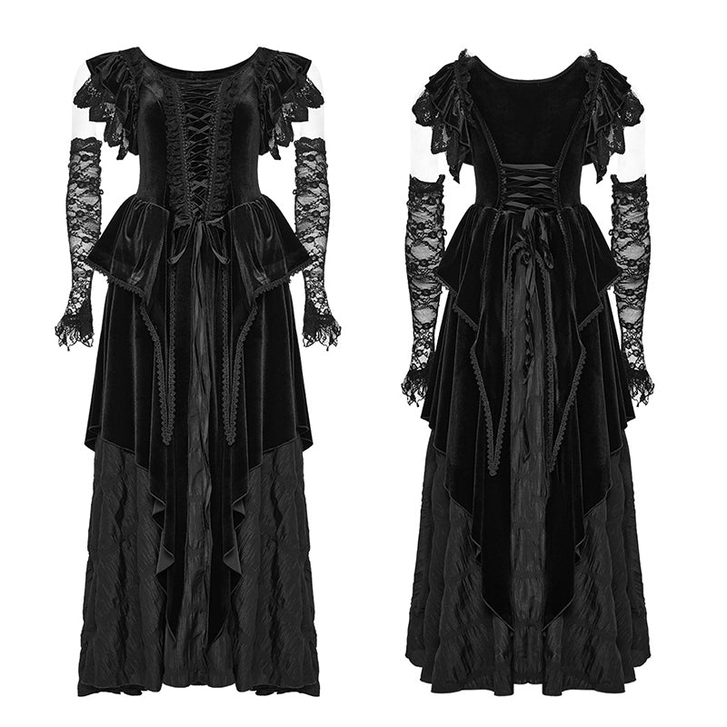 Flying Sleeve Design V-Shaped Applique Elastic Dense Velvet And Woven Pleated Fabric Goth Pointed Dress Skirt