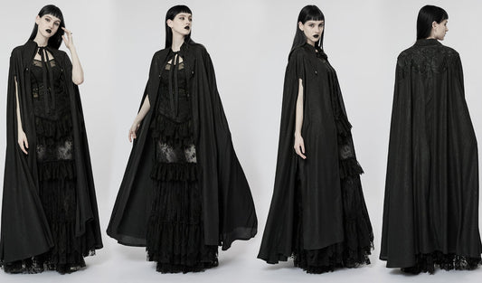 Goth Mystery Walker Lace Applique Chiffon Lapel Cloak