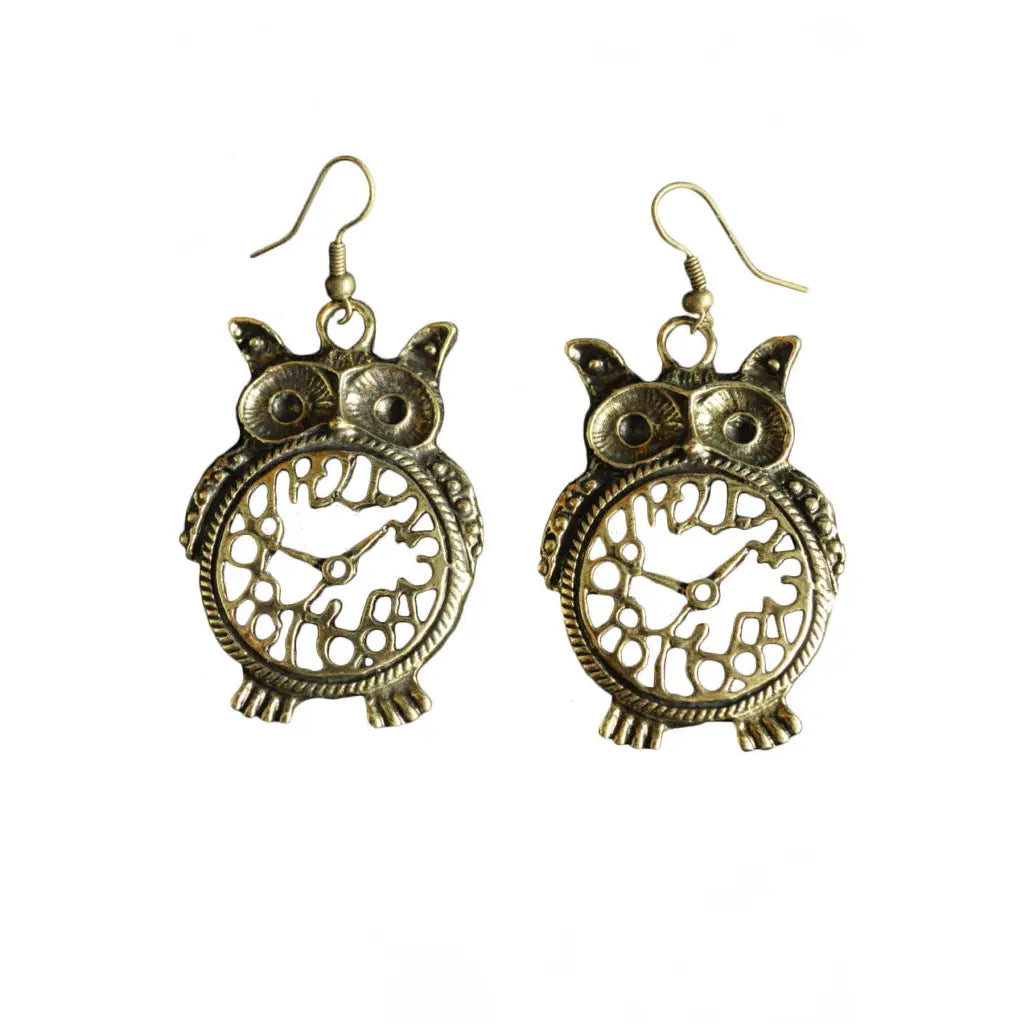 Earrings, Owl with Clock Belly