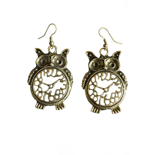 Earrings, Owl with Clock Belly