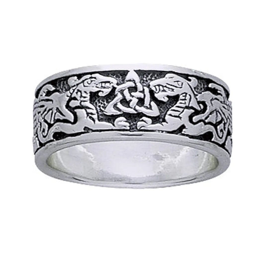 Sterling Silver Celtic Dragons Trinity Knot Band Ring