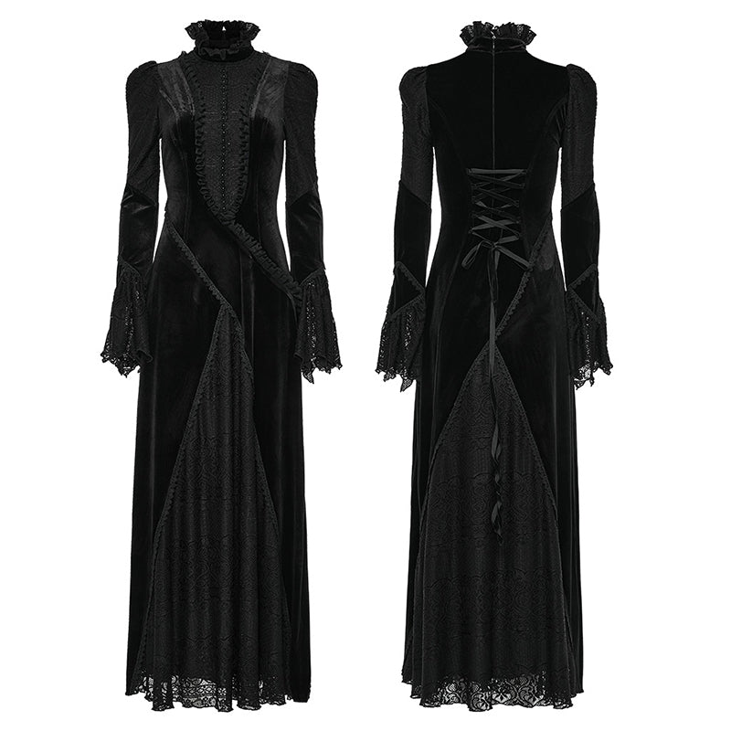 Ruffled Standing Collar With Flared Sleeves Elastic Velvet And Lace Gothic Daily Dress