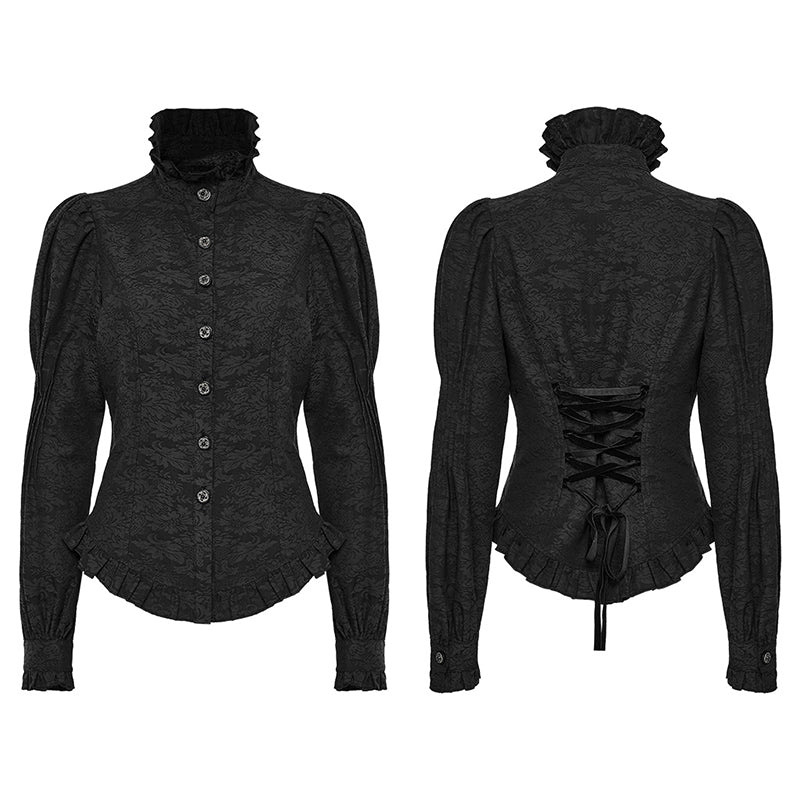 Vintage Court Style Shirt Goth Jacquard Puff Sleeves Stand Collar Shirt Women Slim Fitting Waistband Blouse