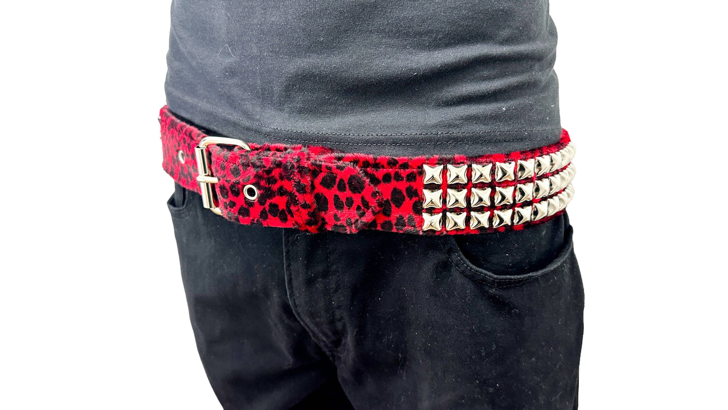 Leopard Fuzzy Fabric Studded Belt