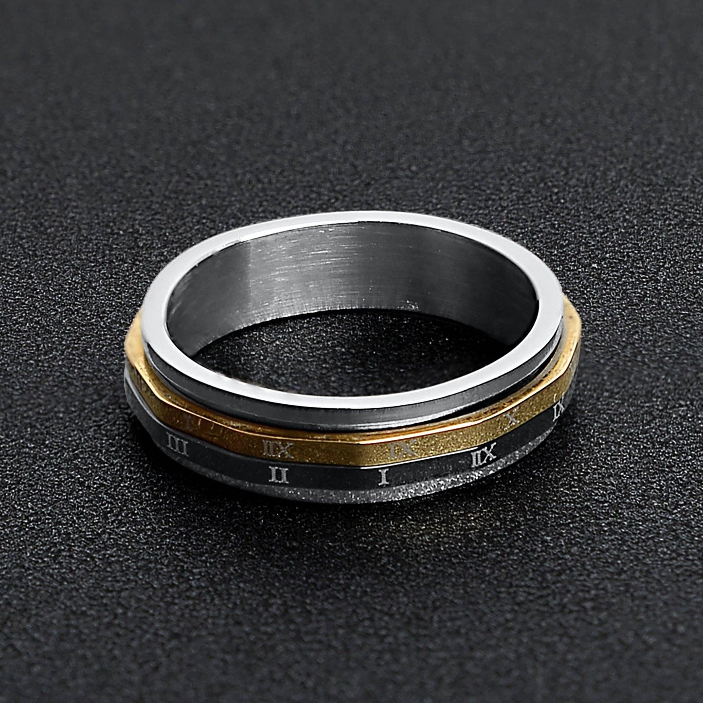 Roman Numerals Gold Black Spinner Stainless Steel Ring