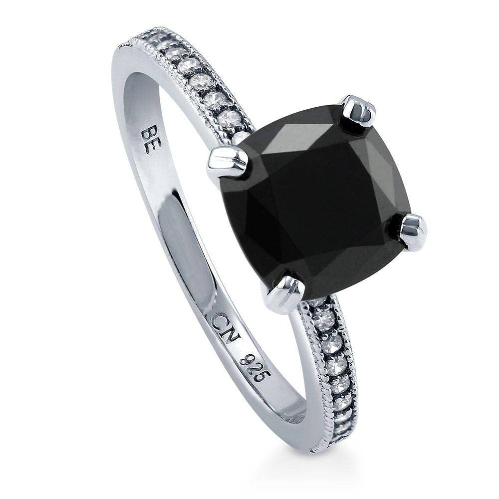 Sterling Silver Solitaire 3ct Black Cushion CZ Ring