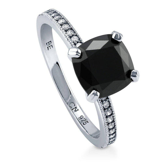 Sterling Silver Solitaire 3ct Black Cushion CZ Ring