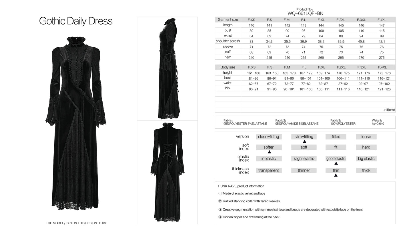 Ruffled Standing Collar With Flared Sleeves Elastic Velvet And Lace Gothic Daily Dress