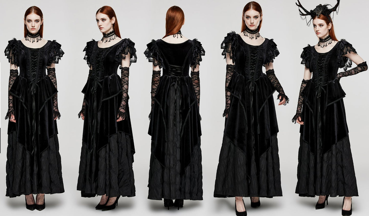 Flying Sleeve Design V-Shaped Applique Elastic Dense Velvet And Woven Pleated Fabric Goth Pointed Dress Skirt