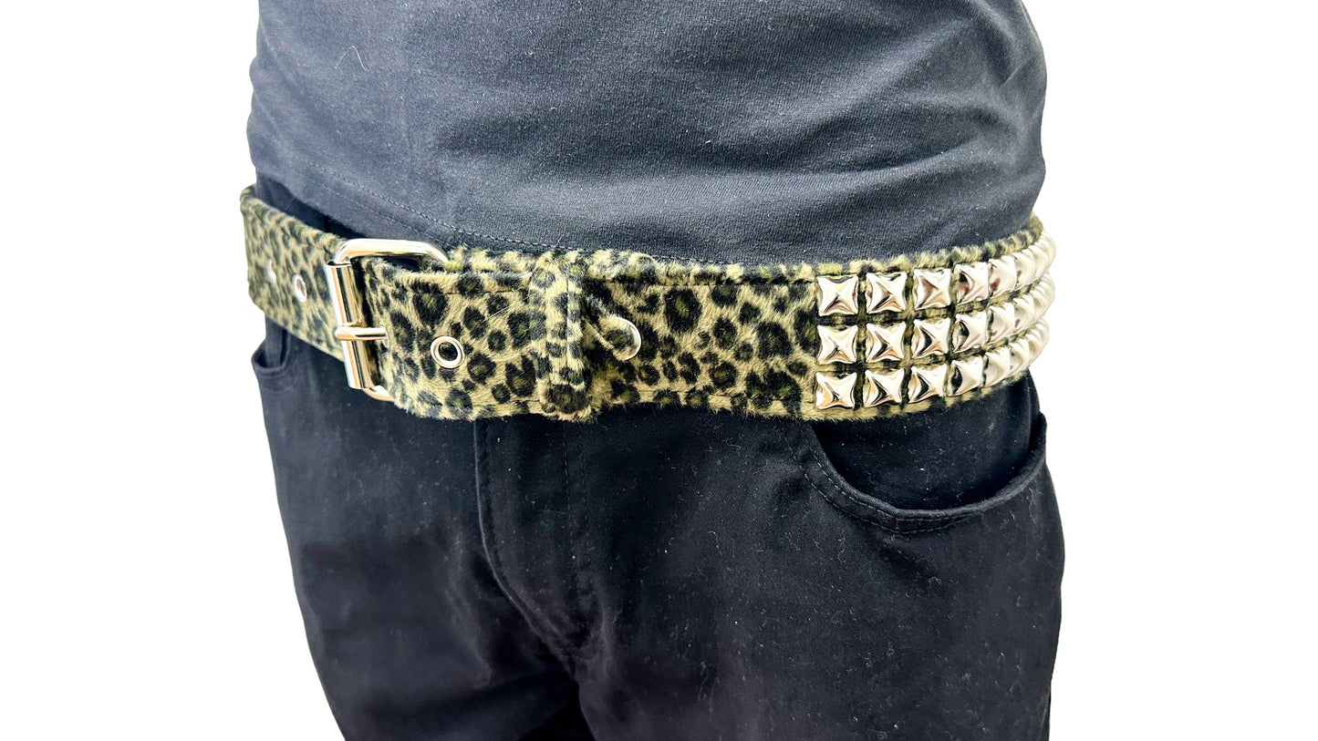 Leopard Fuzzy Fabric Studded Belt