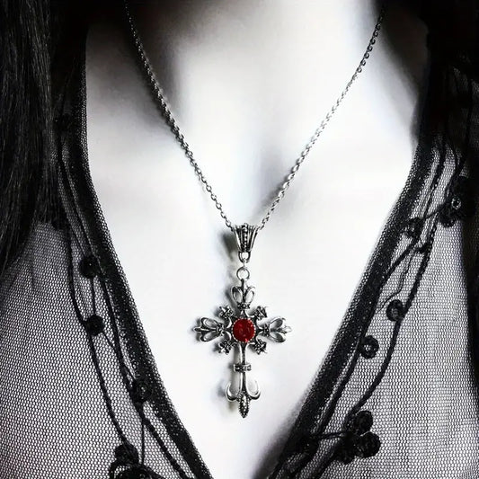 Vintage Ruby Cross Dark Necklace and Pendant