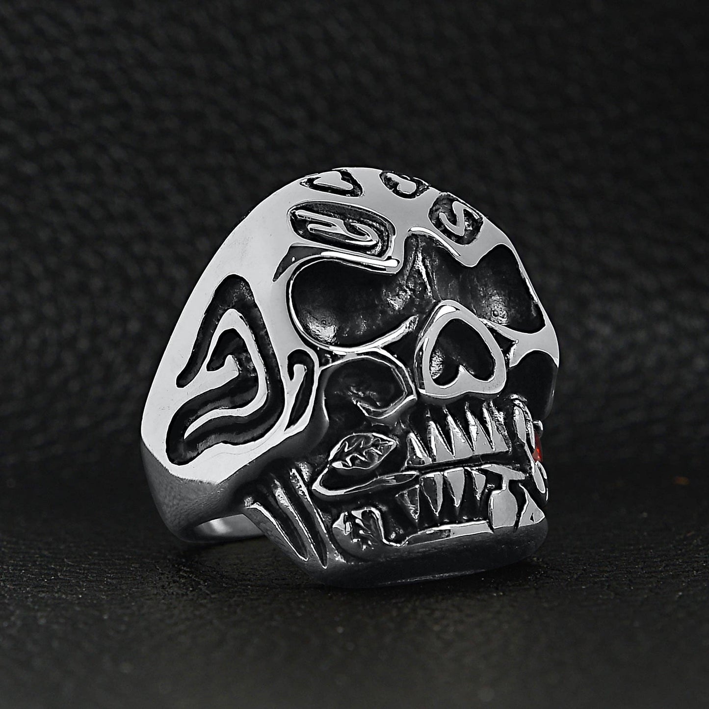 Stainless Steel Skull Biting a Red CZ Accented Rose Ring