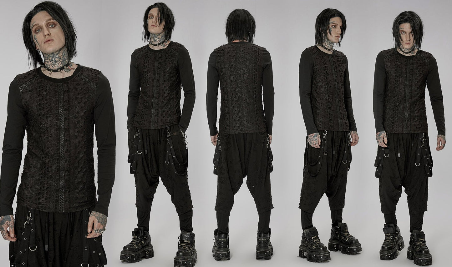 Men Autumn Winter Goth Dark Black Knitted Printed Long Sleeve T-Shirt