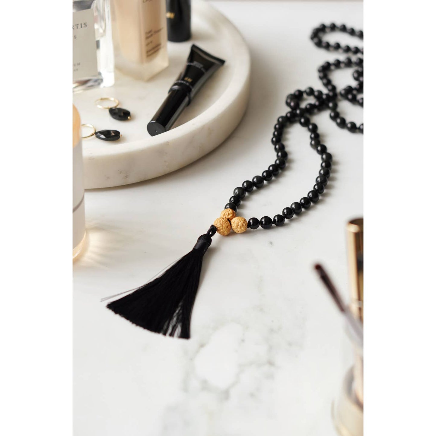 Shadow Serenity: Black Obsidian 108 Mala Bead Prayer Necklace with Tassel