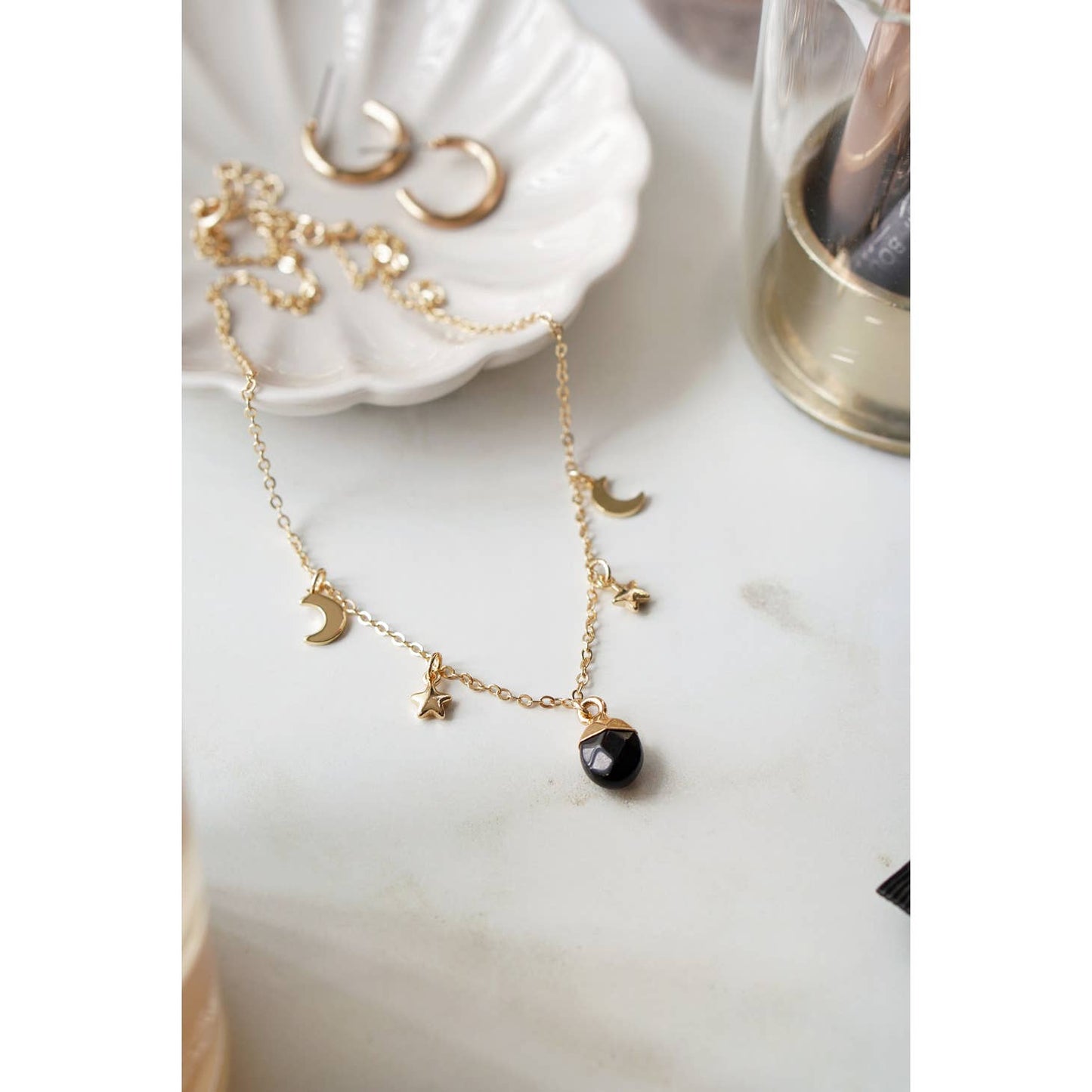 Gold Tone Black Obsidian Moon and Stars Charm Necklace -14k gold plated metal