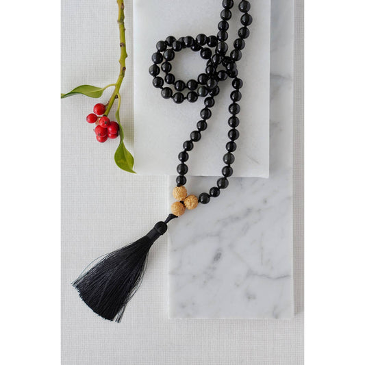 Shadow Serenity: Black Obsidian 108 Mala Bead Prayer Necklace with Tassel