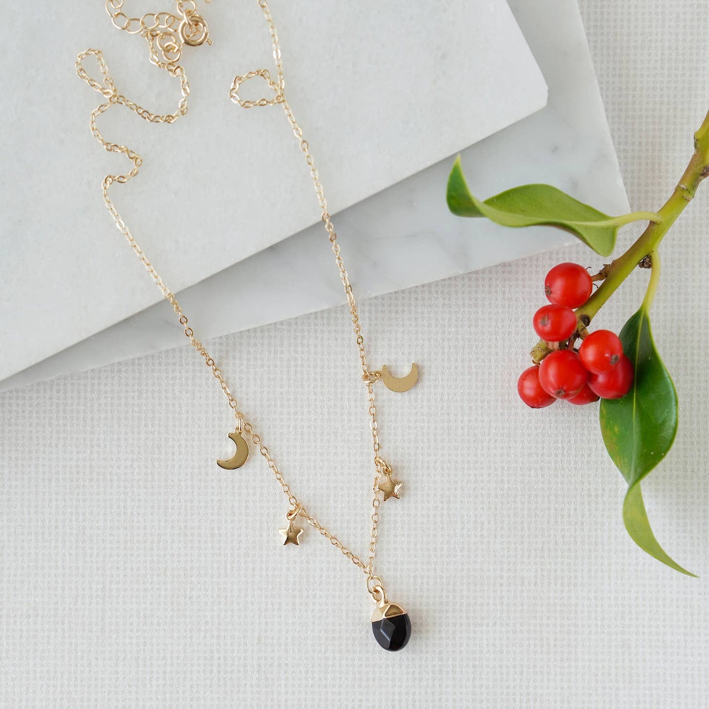 Gold Tone Black Obsidian Moon and Stars Charm Necklace -14k gold plated metal