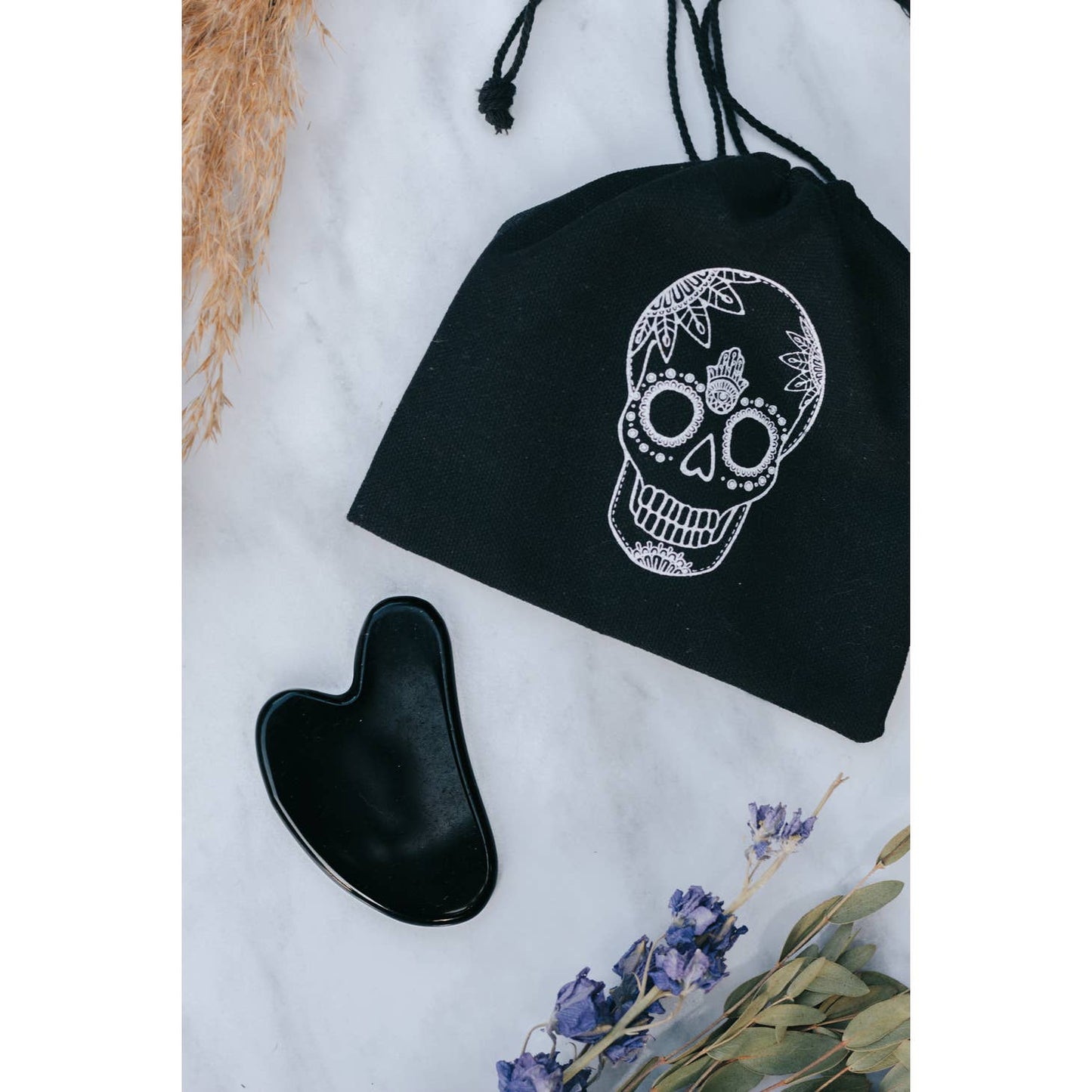 Shadow Serenity: Black Obsidian Crystal Gua Sha with Black Skull Pouch