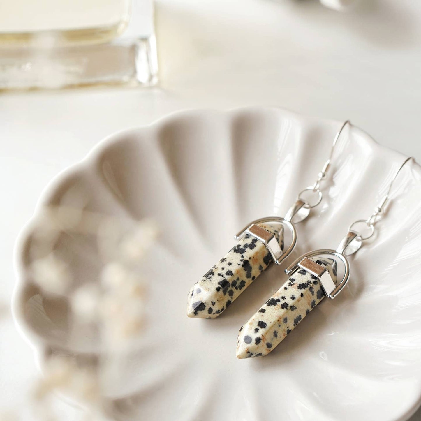 Dalmatian Jasper Essence: 925 Sterling Silver Crystal Point Earrings