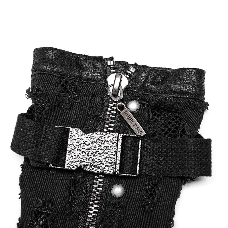 Men Wasted Earth Style Heavy Craft Punk Twill Holes Denim Splice Gauze Gloves