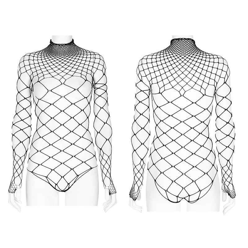 Punk One-Piece Mesh T-shirt Sexy Gauze Hollow-out Knitted Top