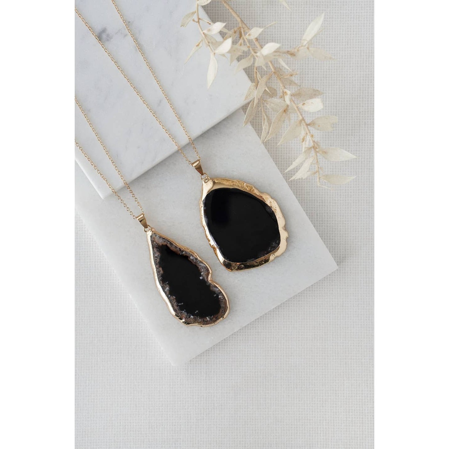 Gold Tone Black Agate Crystal Long Length Statement Necklace