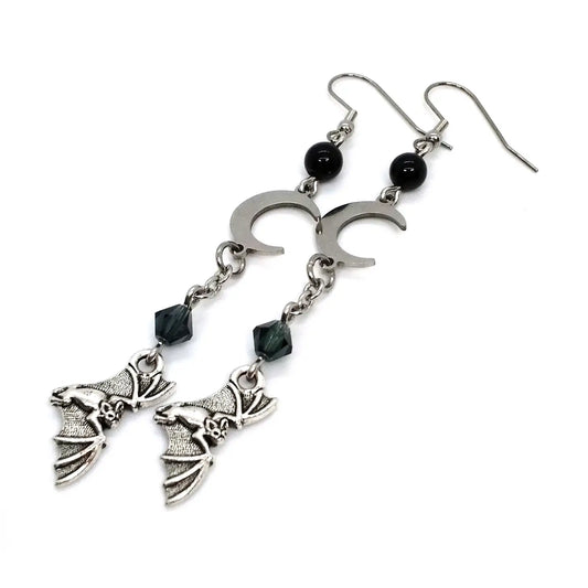 Lunar Wings: Bat and Moon Earrings