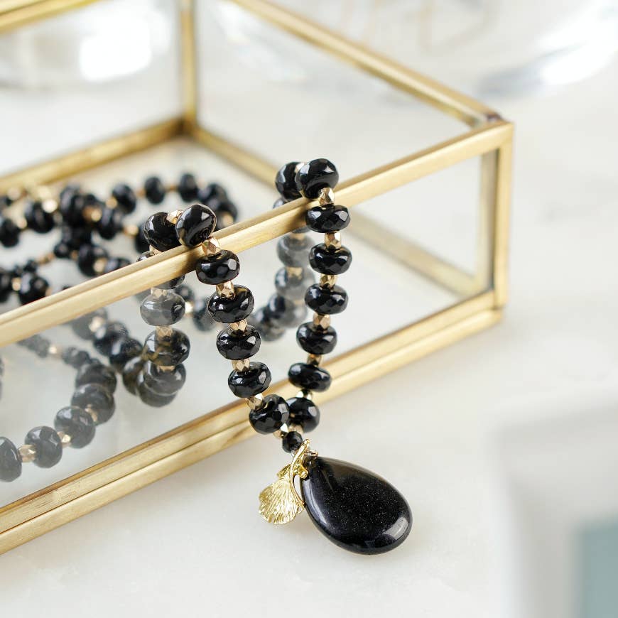 Long Length Black Obsidian & Chalcedony Stone Necklace