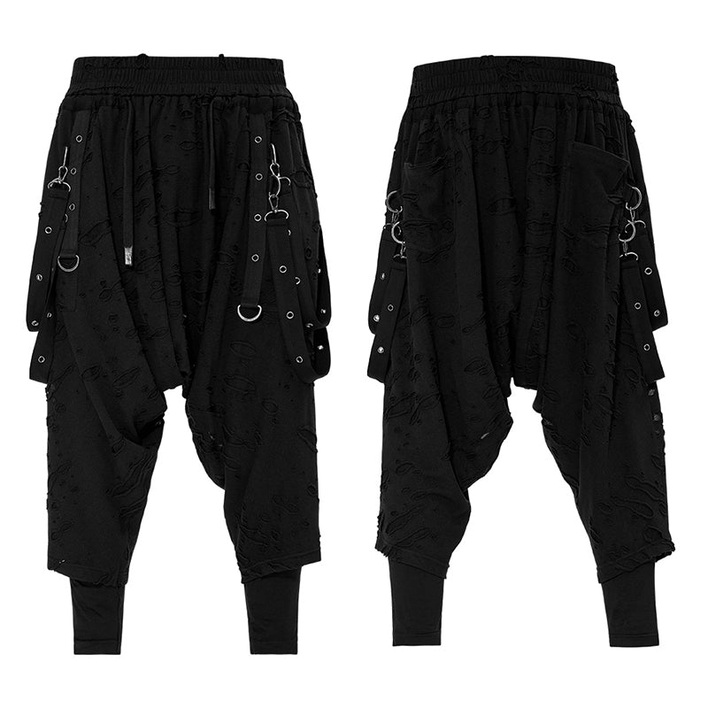 Men Black Broken Hole Knitted Loose Crotch Pants Wasted Earth Style Harem Pants