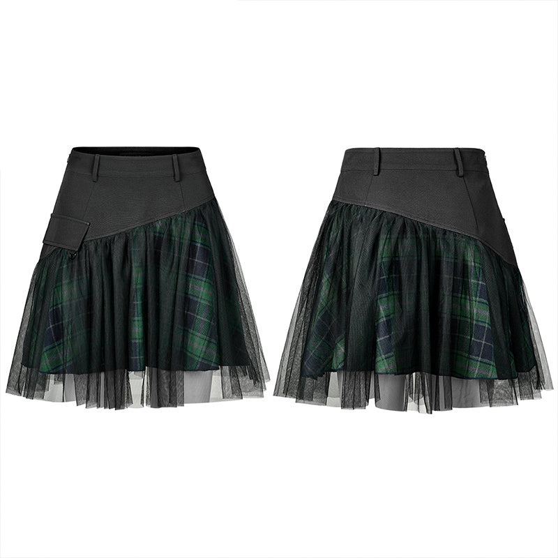 Mesh Panel Plaid High Waist Short Skirt