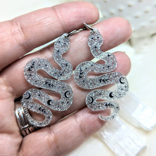 Astral Serpent Sparkle: Celestial Witchy Silver Glitter Snake Earrings