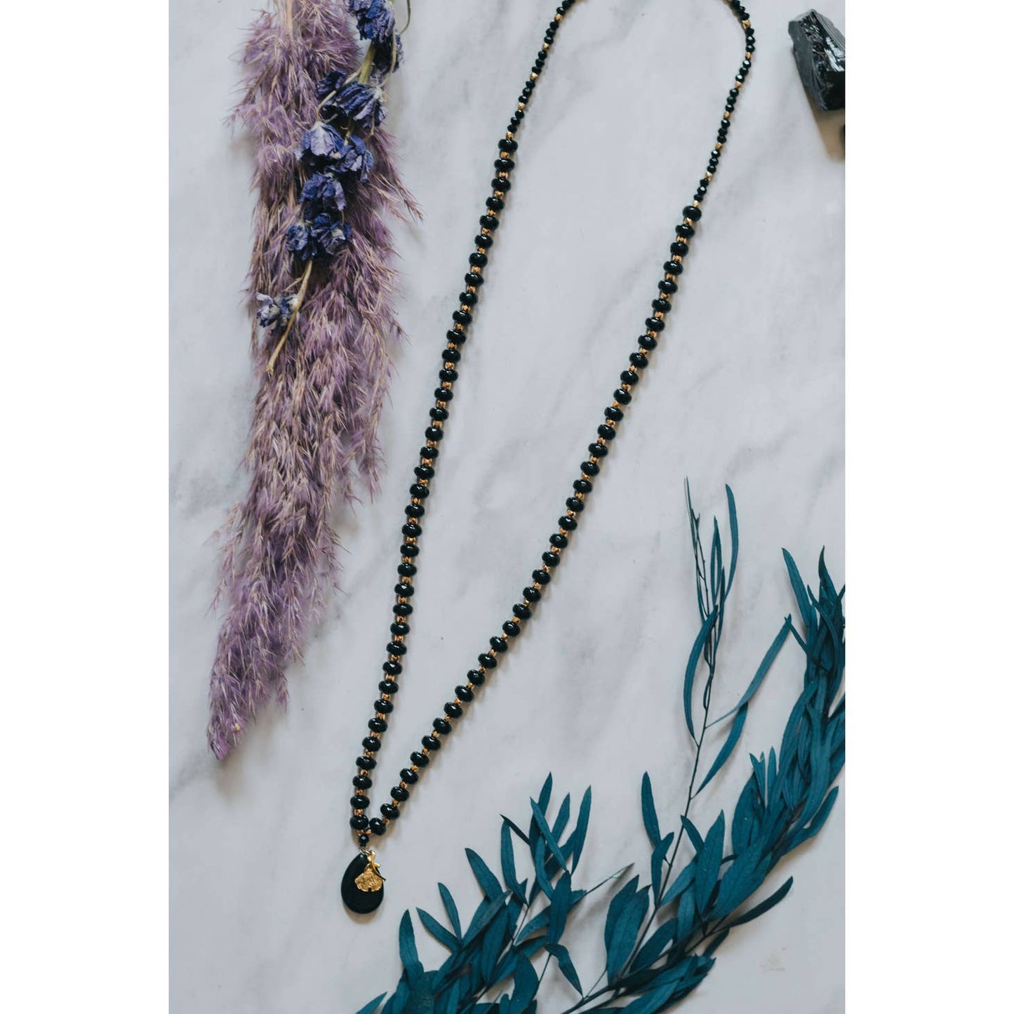 Long Length Black Obsidian & Chalcedony Stone Necklace