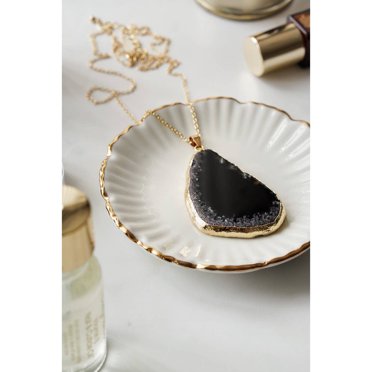 Gold Tone Black Agate Crystal Long Length Statement Necklace