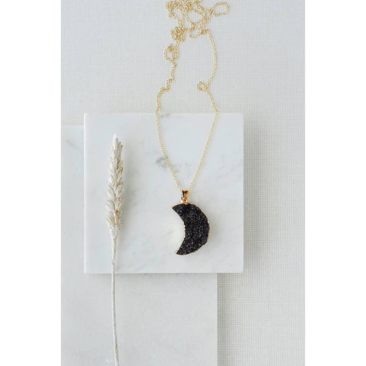 Gold Tone Raw Black Crystal Half Moon Necklace